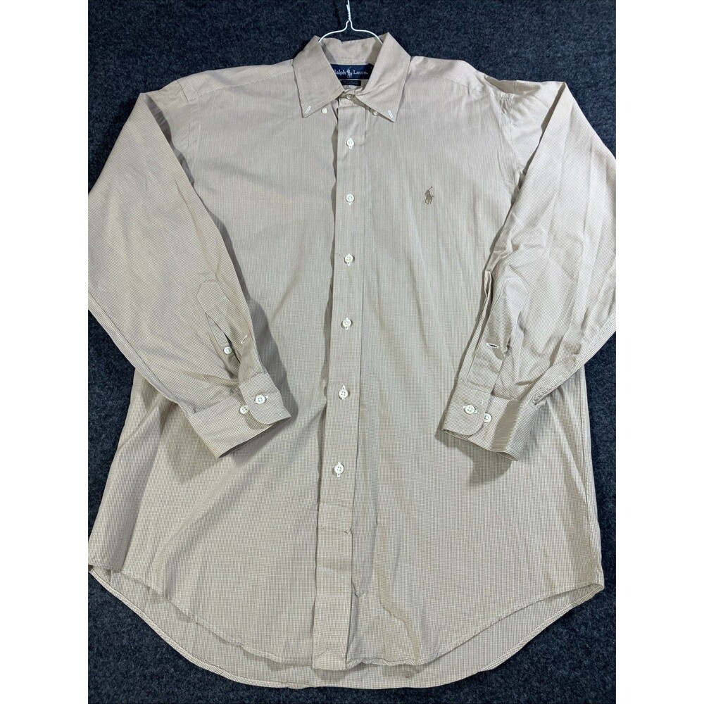 VTG 90s Ralph Lauren Yarmouth Dress Shirt Mens 15 32/33 Tan Micro Check Cotton